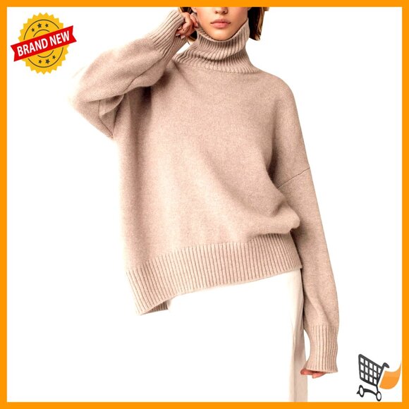 Sweaters - Chunky Knit Turtleneck Sweater Oversized Pullover High Low Hem Trendy Fall